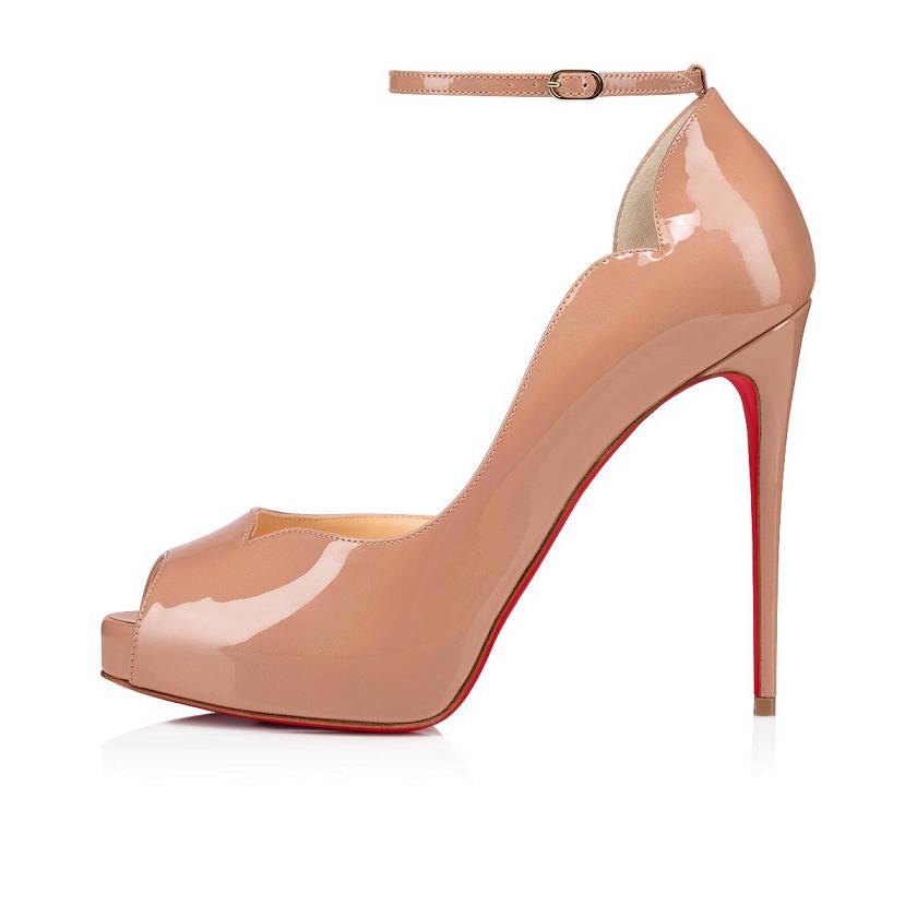 Women's Christian Louboutin Round Chick Alta 120mm Patent Leather Peep Toe Pumps - Nude [7460-382]